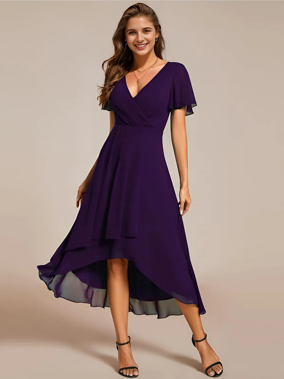 Ever-Pretty Women's Chiffon Formal Dresses V Neck Ruffle Sleeves Pleated High Low Summer Wedding Guest Dress