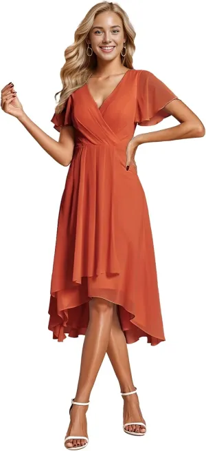 Ever-Pretty Women's Chiffon Formal Dresses V Neck Ruffle Sleeves Pleated High Low Summer Wedding Guest Dress