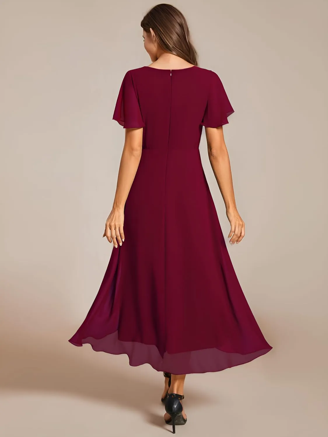 Ever-Pretty Women's Chiffon Formal Dresses V Neck Ruffle Sleeves Pleated High Low Summer Wedding Guest Dress