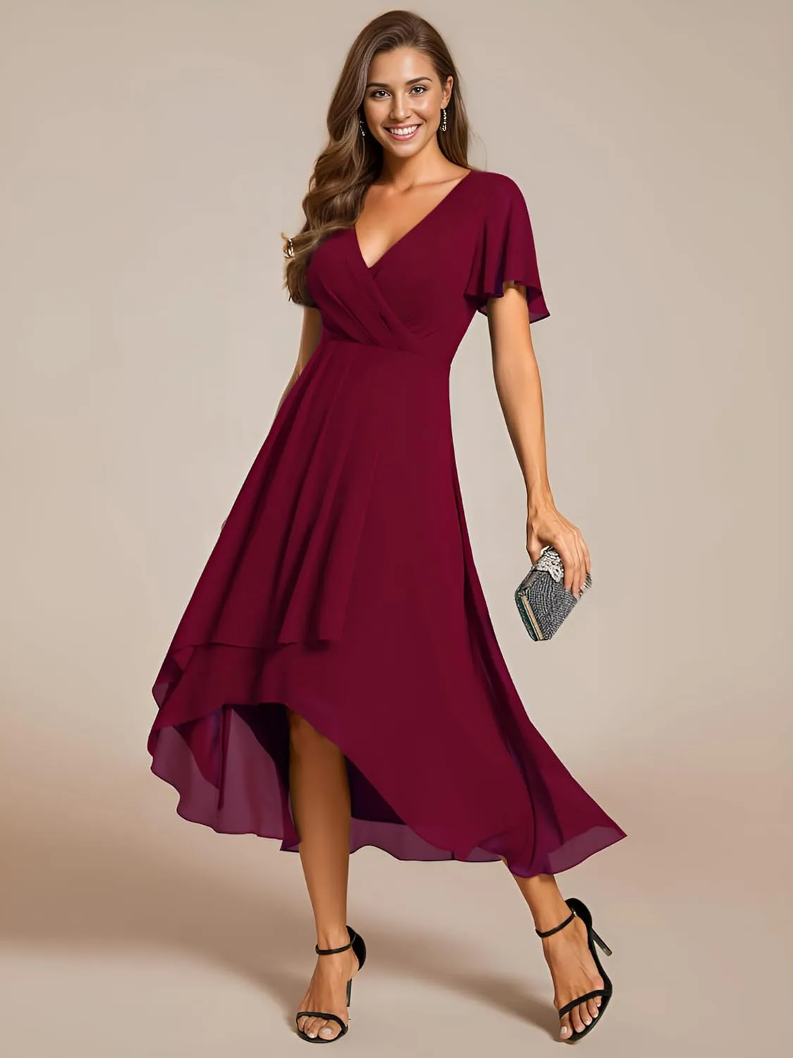 Ever-Pretty Women's Chiffon Formal Dresses V Neck Ruffle Sleeves Pleated High Low Summer Wedding Guest Dress