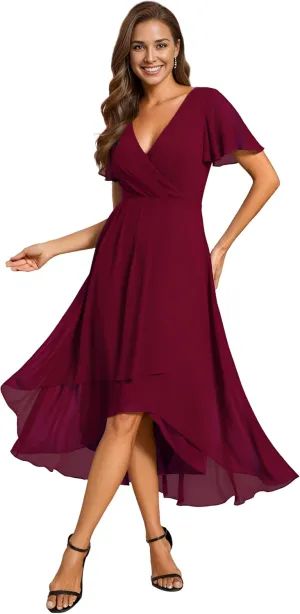 Ever-Pretty Women's Chiffon Formal Dresses V Neck Ruffle Sleeves Pleated High Low Summer Wedding Guest Dress