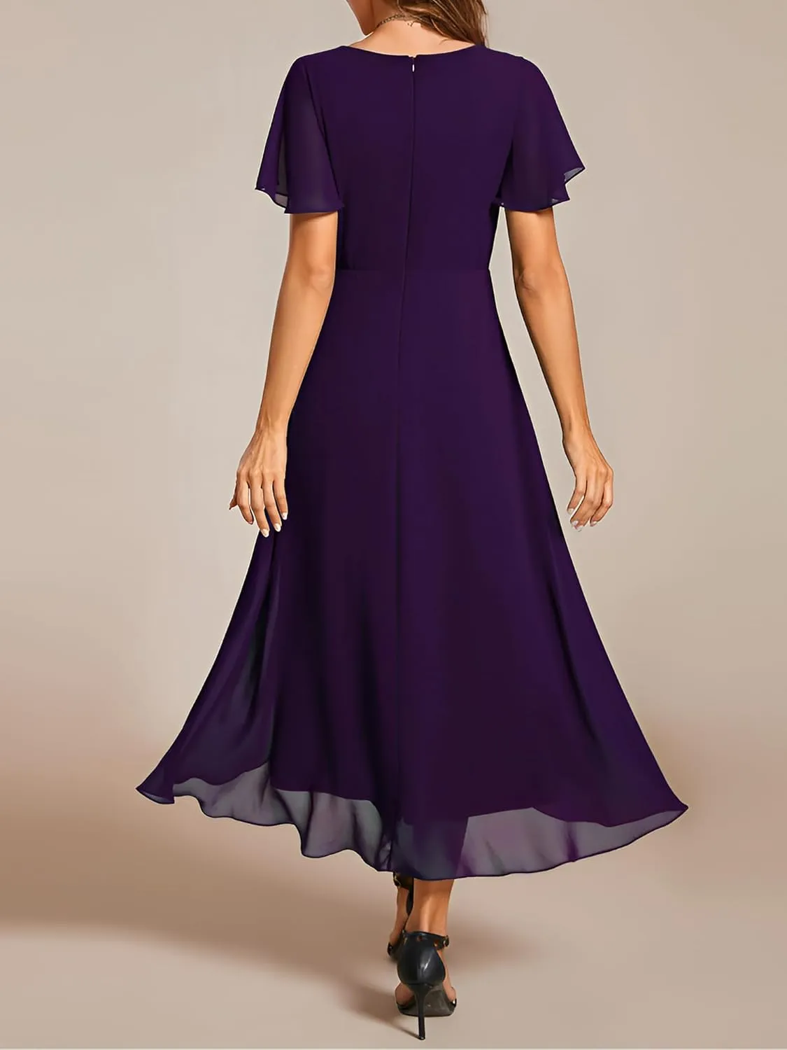 Ever-Pretty Women's Chiffon Formal Dresses V Neck Ruffle Sleeves Pleated High Low Summer Wedding Guest Dress