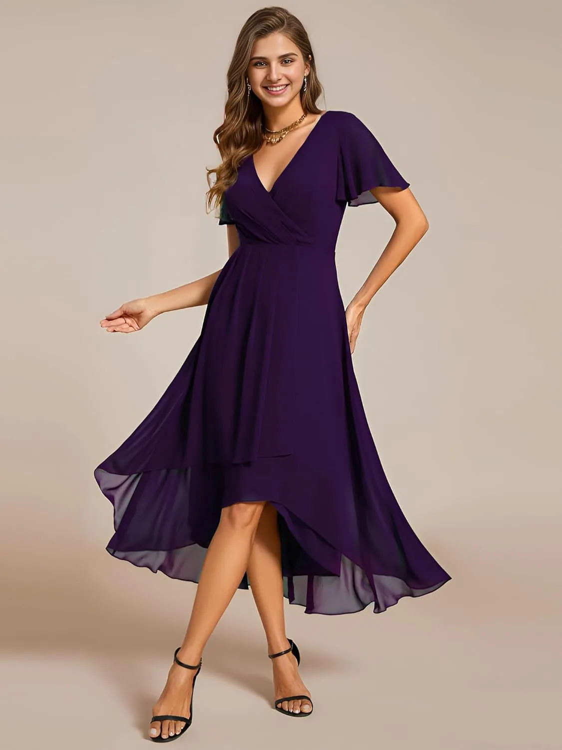 Ever-Pretty Women's Chiffon Formal Dresses V Neck Ruffle Sleeves Pleated High Low Summer Wedding Guest Dress