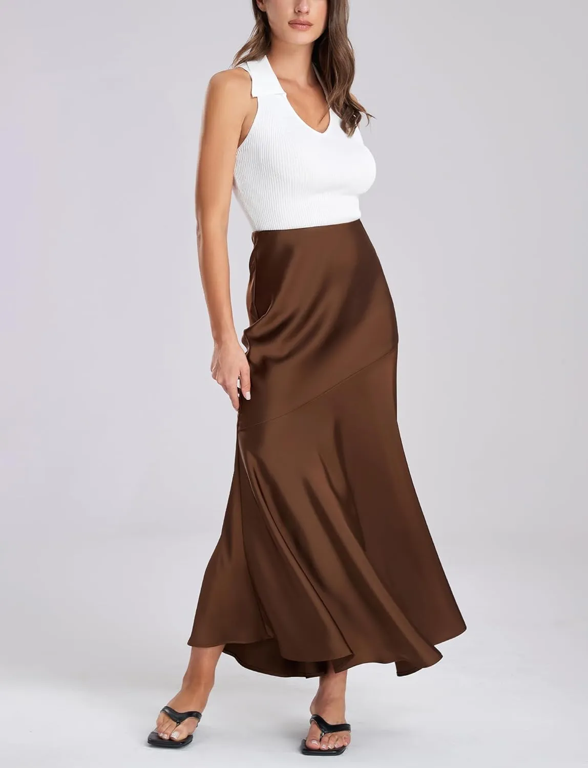 FEOYA Silk Skirts for Women Satin A Line Midi Skirt Elastic Waistband Flared Flowy Mermaid Hem Wedding Elegant Solid Skirt