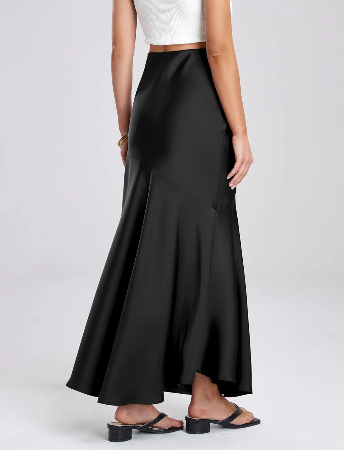 FEOYA Silk Skirts for Women Satin A Line Midi Skirt Elastic Waistband Flared Flowy Mermaid Hem Wedding Elegant Solid Skirt
