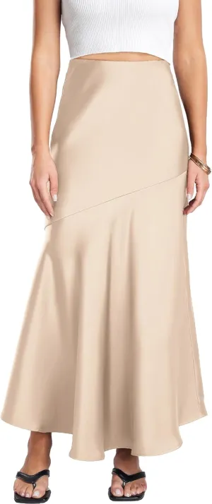 FEOYA Silk Skirts for Women Satin A Line Midi Skirt Elastic Waistband Flared Flowy Mermaid Hem Wedding Elegant Solid Skirt