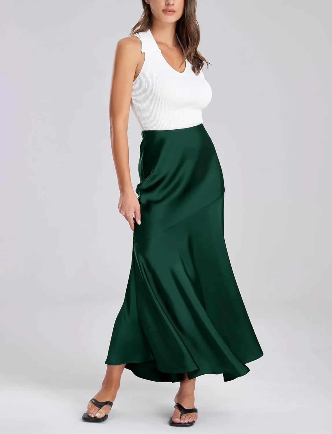 FEOYA Silk Skirts for Women Satin A Line Midi Skirt Elastic Waistband Flared Flowy Mermaid Hem Wedding Elegant Solid Skirt