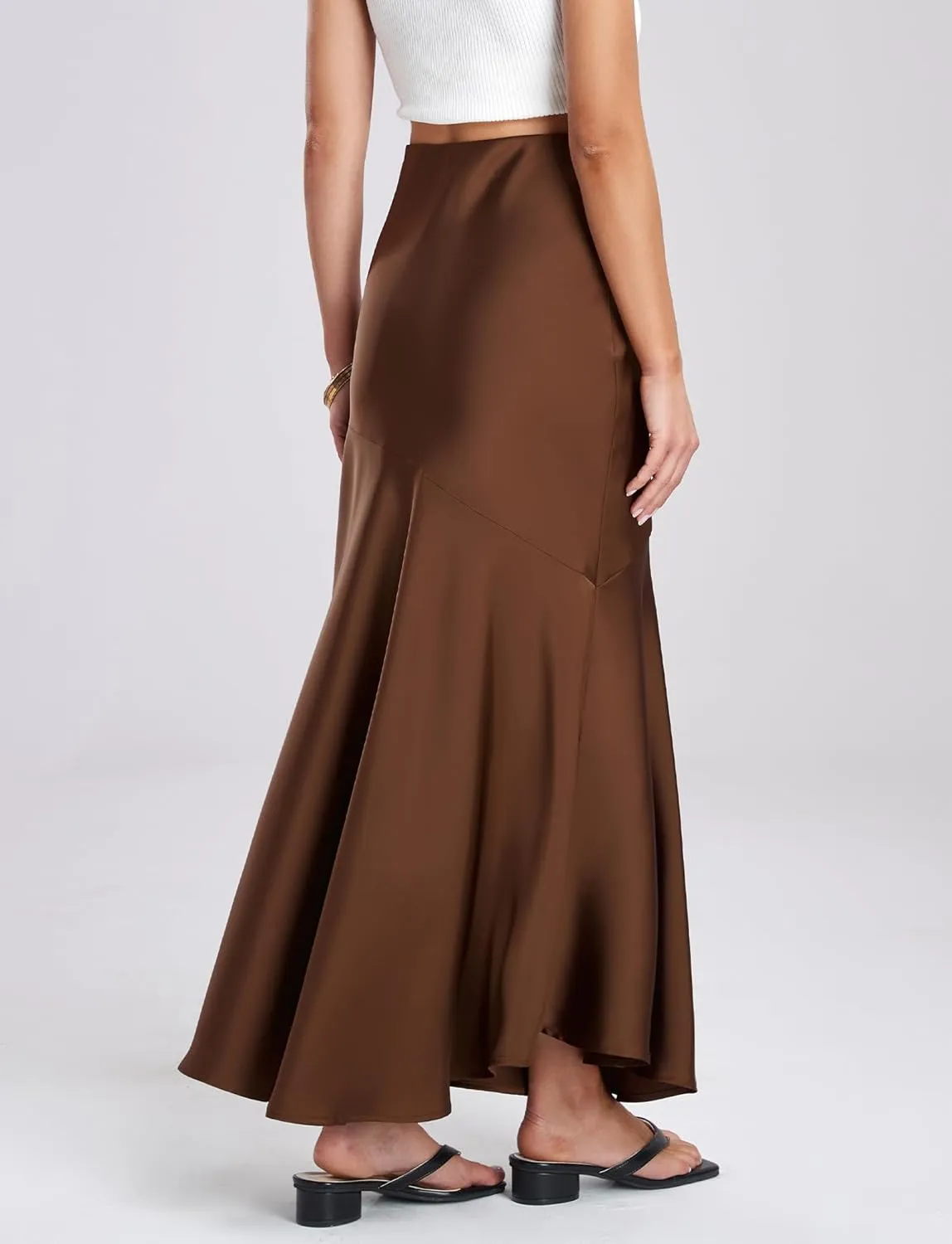 FEOYA Silk Skirts for Women Satin A Line Midi Skirt Elastic Waistband Flared Flowy Mermaid Hem Wedding Elegant Solid Skirt