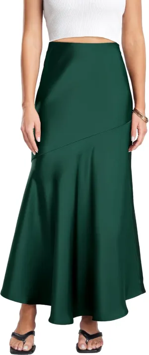 FEOYA Silk Skirts for Women Satin A Line Midi Skirt Elastic Waistband Flared Flowy Mermaid Hem Wedding Elegant Solid Skirt