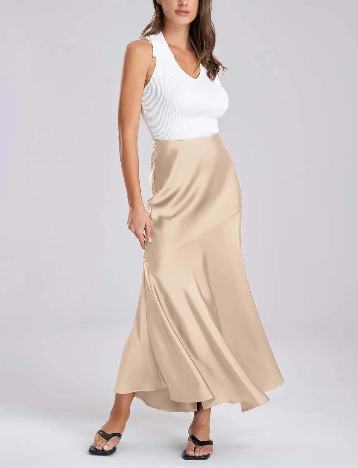 FEOYA Silk Skirts for Women Satin A Line Midi Skirt Elastic Waistband Flared Flowy Mermaid Hem Wedding Elegant Solid Skirt