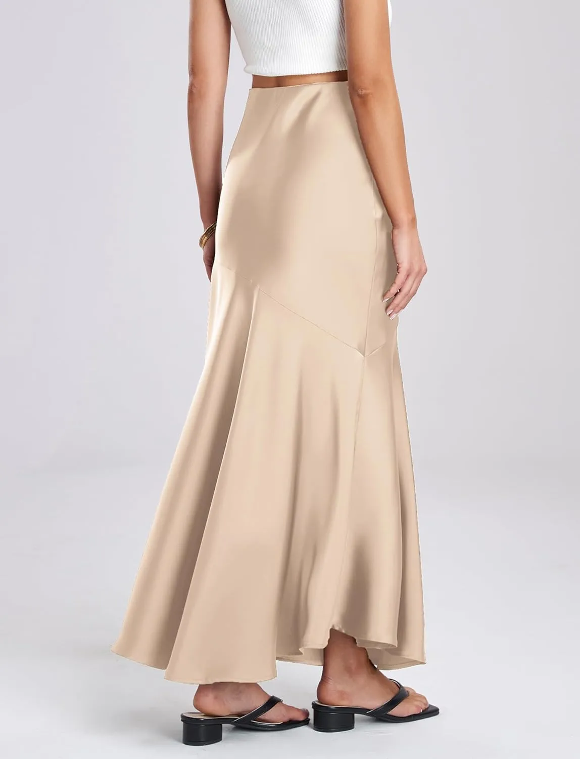FEOYA Silk Skirts for Women Satin A Line Midi Skirt Elastic Waistband Flared Flowy Mermaid Hem Wedding Elegant Solid Skirt