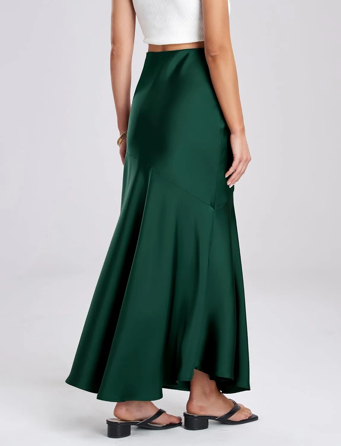 FEOYA Silk Skirts for Women Satin A Line Midi Skirt Elastic Waistband Flared Flowy Mermaid Hem Wedding Elegant Solid Skirt