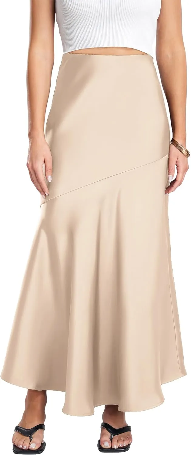 FEOYA Silk Skirts for Women Satin A Line Midi Skirt Elastic Waistband Flared Flowy Mermaid Hem Wedding Elegant Solid Skirt