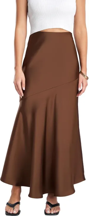 FEOYA Silk Skirts for Women Satin A Line Midi Skirt Elastic Waistband Flared Flowy Mermaid Hem Wedding Elegant Solid Skirt
