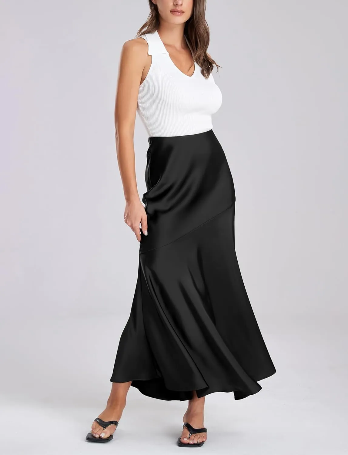 FEOYA Silk Skirts for Women Satin A Line Midi Skirt Elastic Waistband Flared Flowy Mermaid Hem Wedding Elegant Solid Skirt