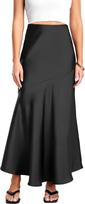 FEOYA Silk Skirts for Women Satin A Line Midi Skirt Elastic Waistband Flared Flowy Mermaid Hem Wedding Elegant Solid Skirt