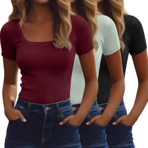 Ficerd 3 Pack Women's Short Sleeve Scooped Neck T Shirts Tops Basic Ribbed Knit Tee Slim Fit Solid Color Shirt