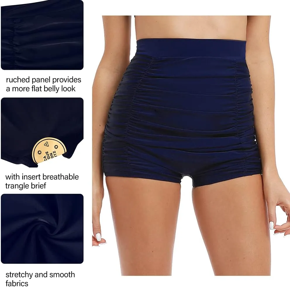 Firpearl Women's High Waisted Bikini Bottom 50s Ruched Boyleg Swim Shorts Tummy Control Swimsuit Bottom