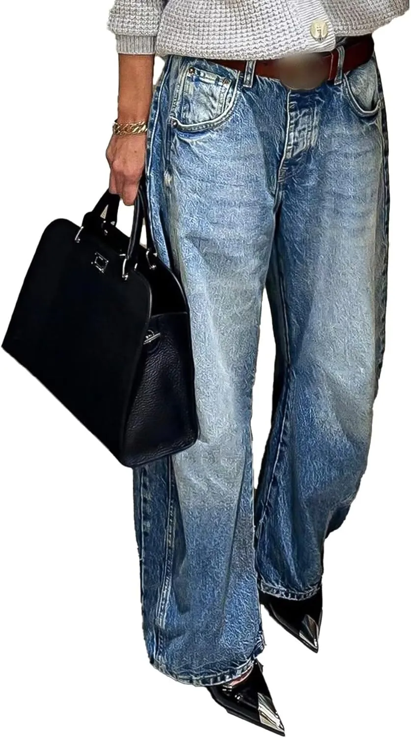 Flamingals Women's Barrel Jeans High Waisted Boyfriend Baggy Jean Wash Seam Detail Without Belt