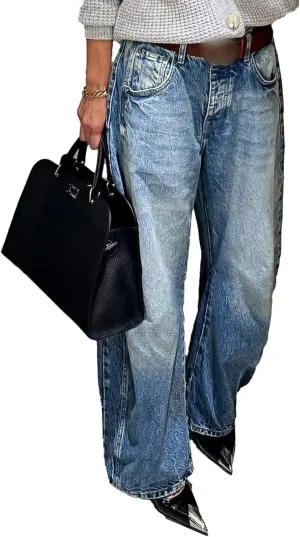Flamingals Women's Barrel Jeans High Waisted Boyfriend Baggy Jean Wash Seam Detail Without Belt