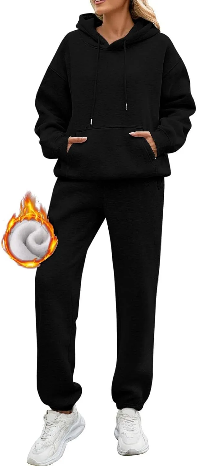 Fleece Jogger Sets for Women 2 Piece Oversized Hoodie Sweatshirt Fuzzy Sweatpants Lounge Set Winter Outfit w/Pockets