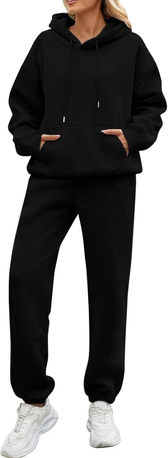Fleece Jogger Sets for Women 2 Piece Oversized Hoodie Sweatshirt Fuzzy Sweatpants Lounge Set Winter Outfit w/Pockets
