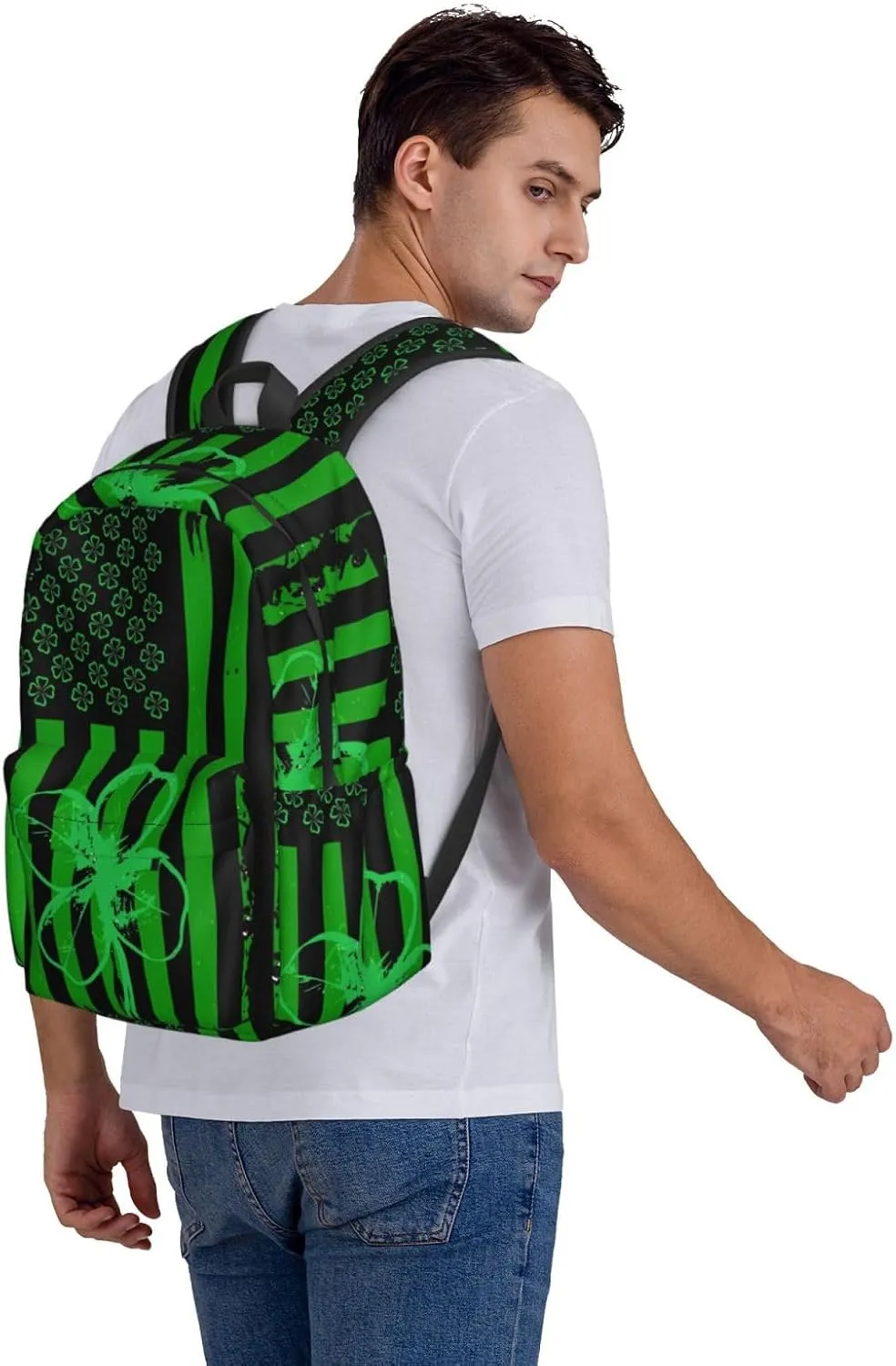 Four Leaf Clover Green American Flag St Patrick's Day Backpack Casual Laptop Backpack Large Capacity Double Shoulder Bag Travel Daypack For Women Men
