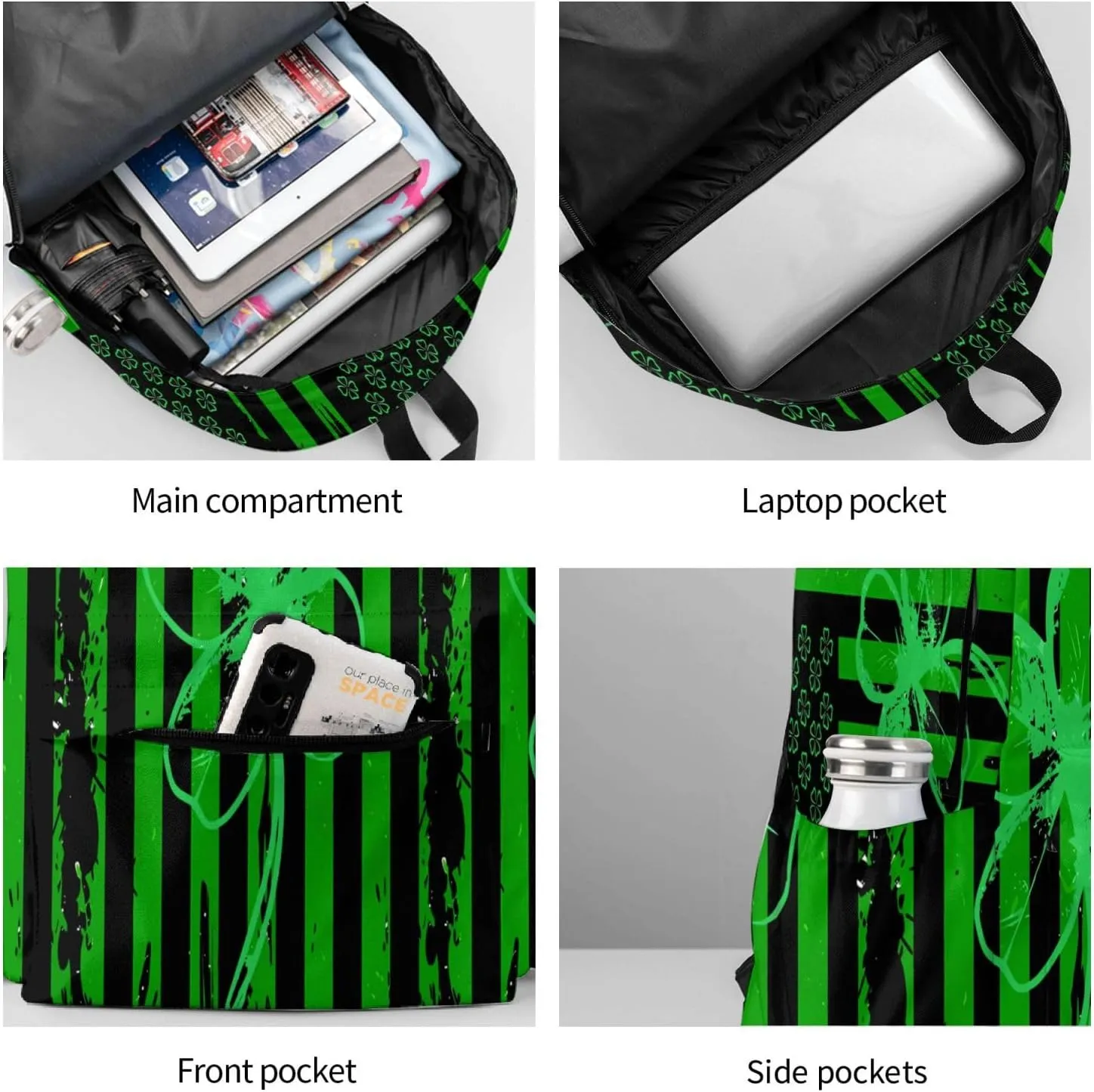 Four Leaf Clover Green American Flag St Patrick's Day Backpack Casual Laptop Backpack Large Capacity Double Shoulder Bag Travel Daypack For Women Men