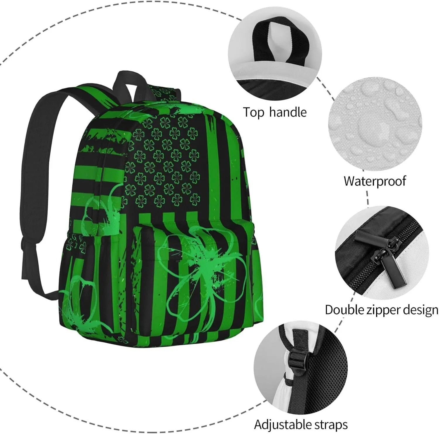 Four Leaf Clover Green American Flag St Patrick's Day Backpack Casual Laptop Backpack Large Capacity Double Shoulder Bag Travel Daypack For Women Men