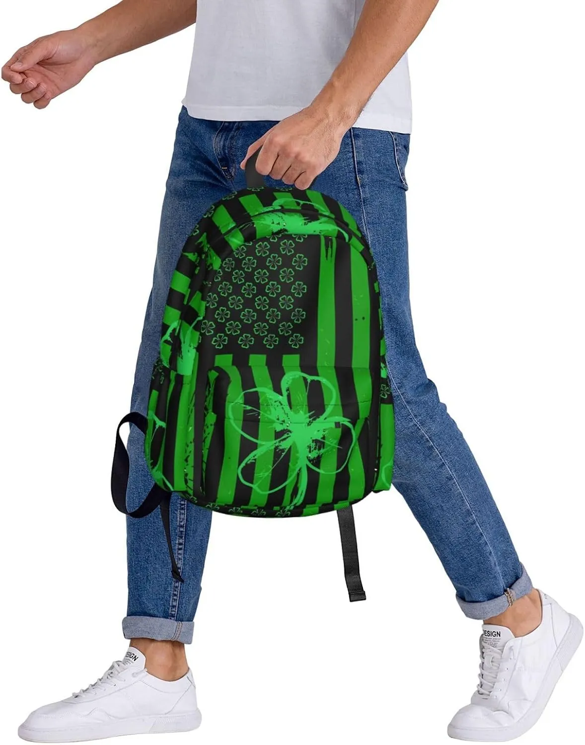 Four Leaf Clover Green American Flag St Patrick's Day Backpack Casual Laptop Backpack Large Capacity Double Shoulder Bag Travel Daypack For Women Men