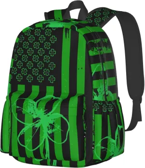 Four Leaf Clover Green American Flag St Patrick's Day Backpack Casual Laptop Backpack Large Capacity Double Shoulder Bag Travel Daypack For Women Men