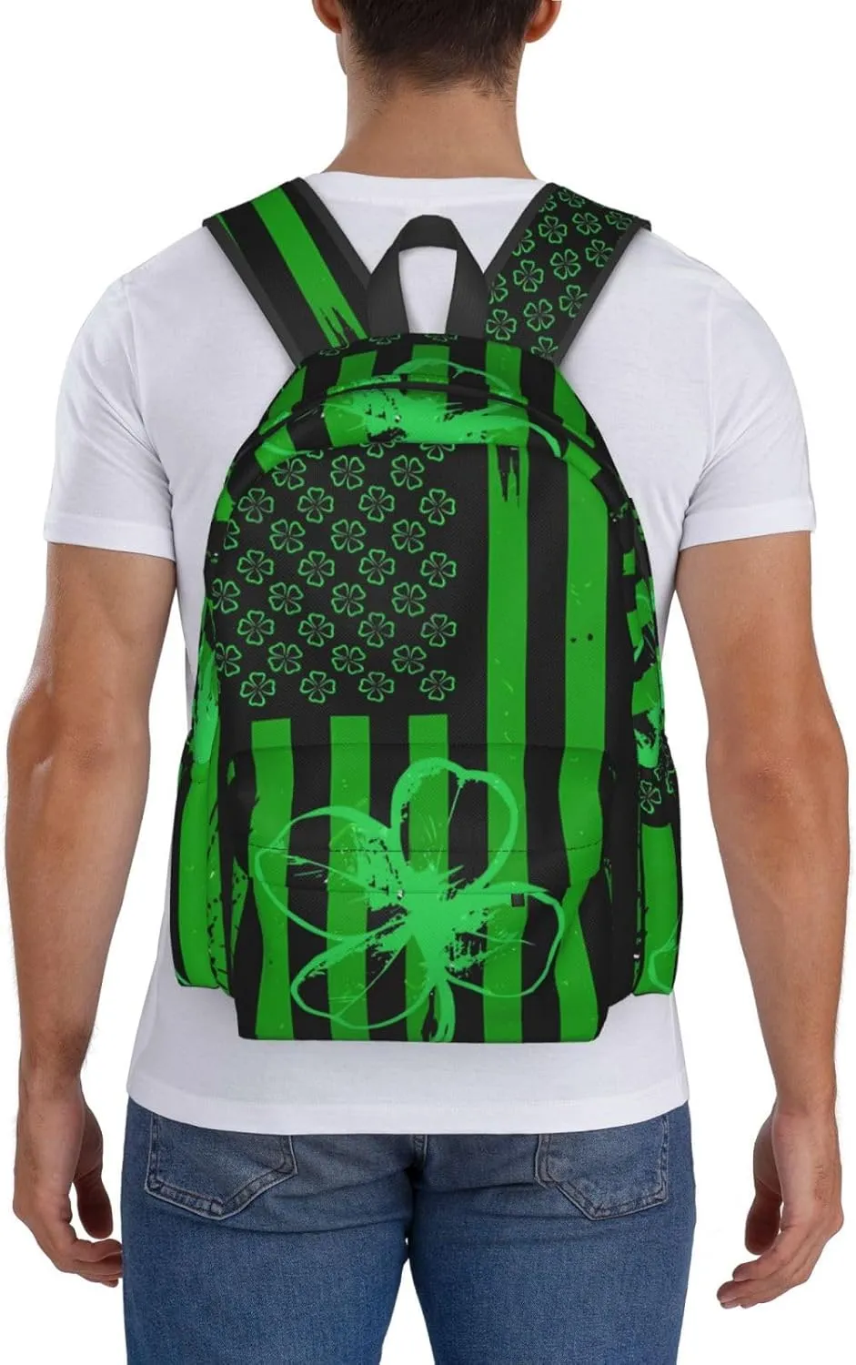 Four Leaf Clover Green American Flag St Patrick's Day Backpack Casual Laptop Backpack Large Capacity Double Shoulder Bag Travel Daypack For Women Men