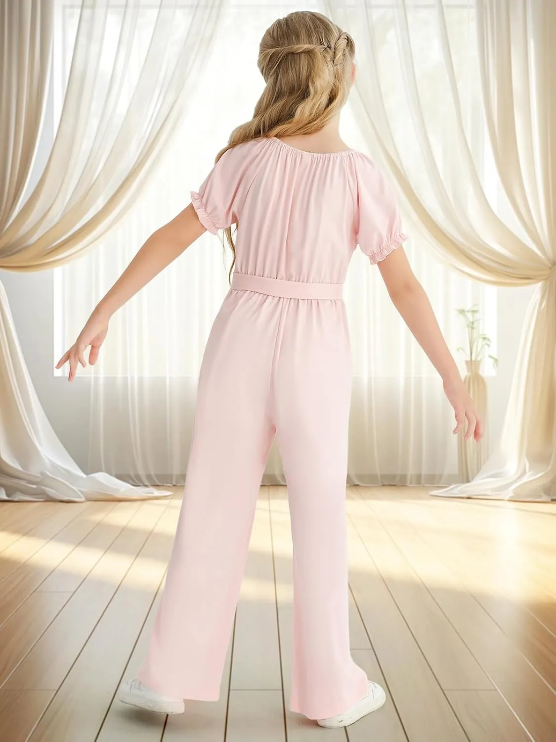 Girls Jumpsuit Kids Fashion Short Sleeve Round Neck Belted Wide Leg Romper One Piece Outfits for 5-14 Years