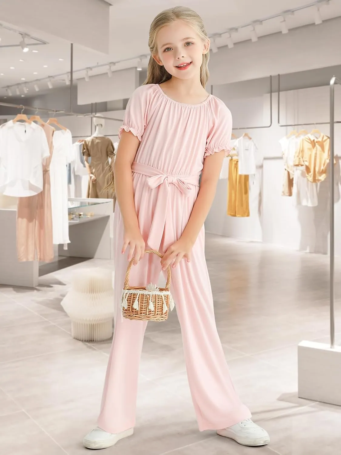 Girls Jumpsuit Kids Fashion Short Sleeve Round Neck Belted Wide Leg Romper One Piece Outfits for 5-14 Years