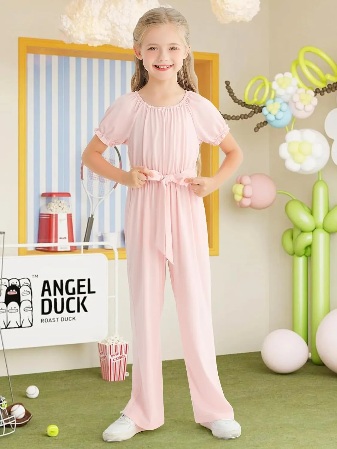 Girls Jumpsuit Kids Fashion Short Sleeve Round Neck Belted Wide Leg Romper One Piece Outfits for 5-14 Years