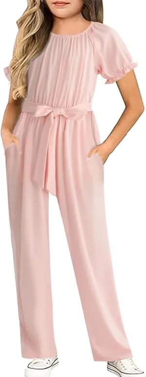 Girls Jumpsuit Kids Fashion Short Sleeve Round Neck Belted Wide Leg Romper One Piece Outfits for 5-14 Years