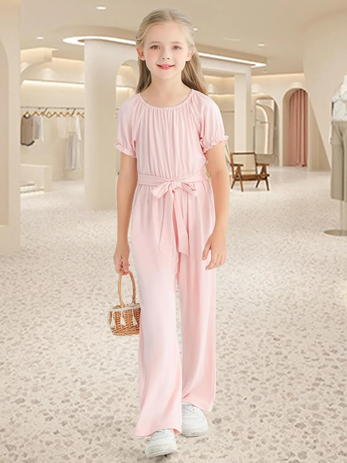 Girls Jumpsuit Kids Fashion Short Sleeve Round Neck Belted Wide Leg Romper One Piece Outfits for 5-14 Years