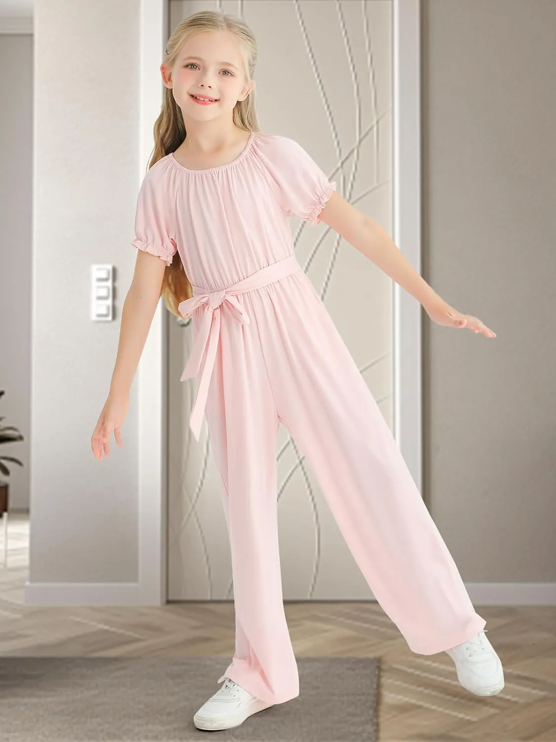 Girls Jumpsuit Kids Fashion Short Sleeve Round Neck Belted Wide Leg Romper One Piece Outfits for 5-14 Years