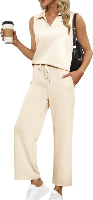 Glamaker Women's 2 Piece Outfits Summer Sleeveless Tops Wide Leg Pants Lounge Set Sweatsuits Tracksuits with Pockets