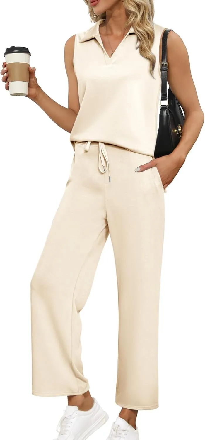 Glamaker Women's 2 Piece Outfits Summer Sleeveless Tops Wide Leg Pants Lounge Set Sweatsuits Tracksuits with Pockets