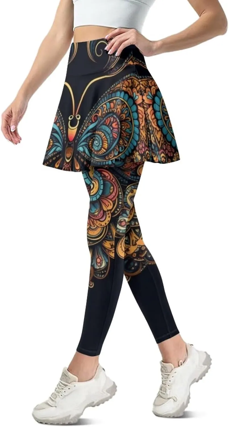 Hand Drawings Womens Skirt Leggings Lotus Flower Skirts Pants Running Tiger Painting Slim Trousers with Skirt