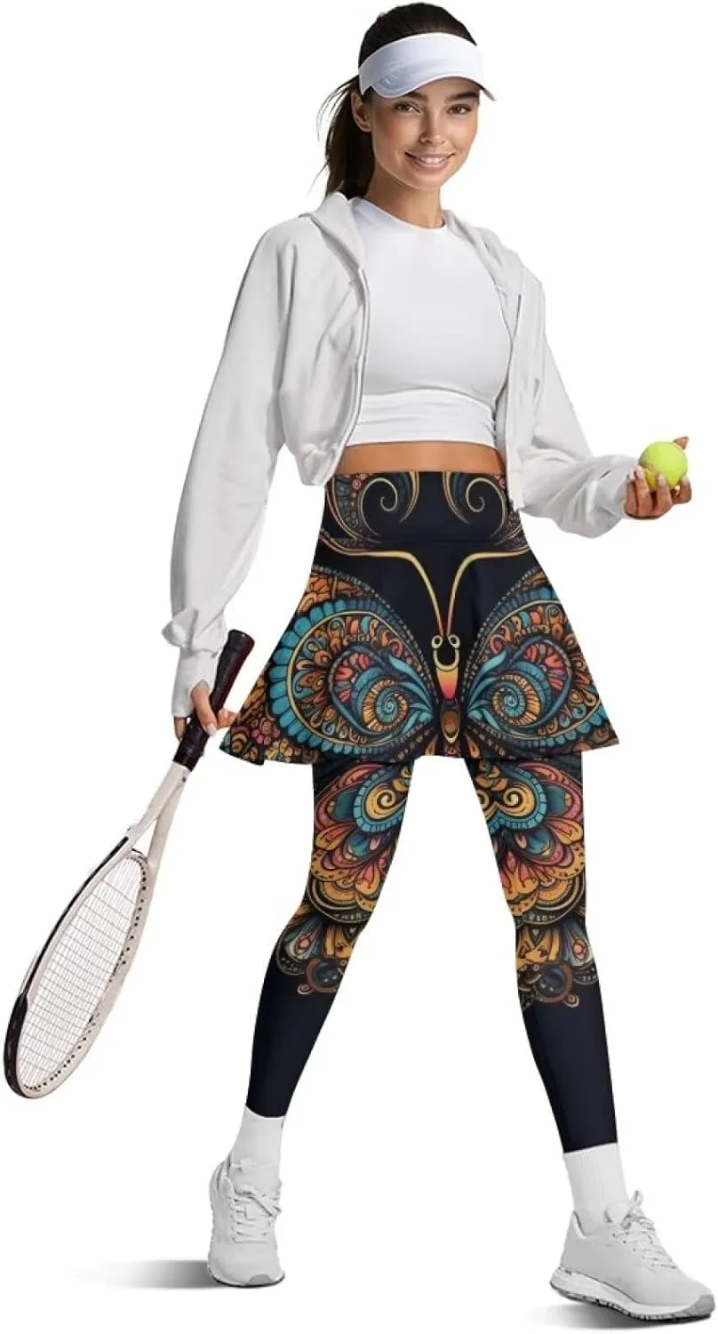 Hand Drawings Womens Skirt Leggings Lotus Flower Skirts Pants Running Tiger Painting Slim Trousers with Skirt