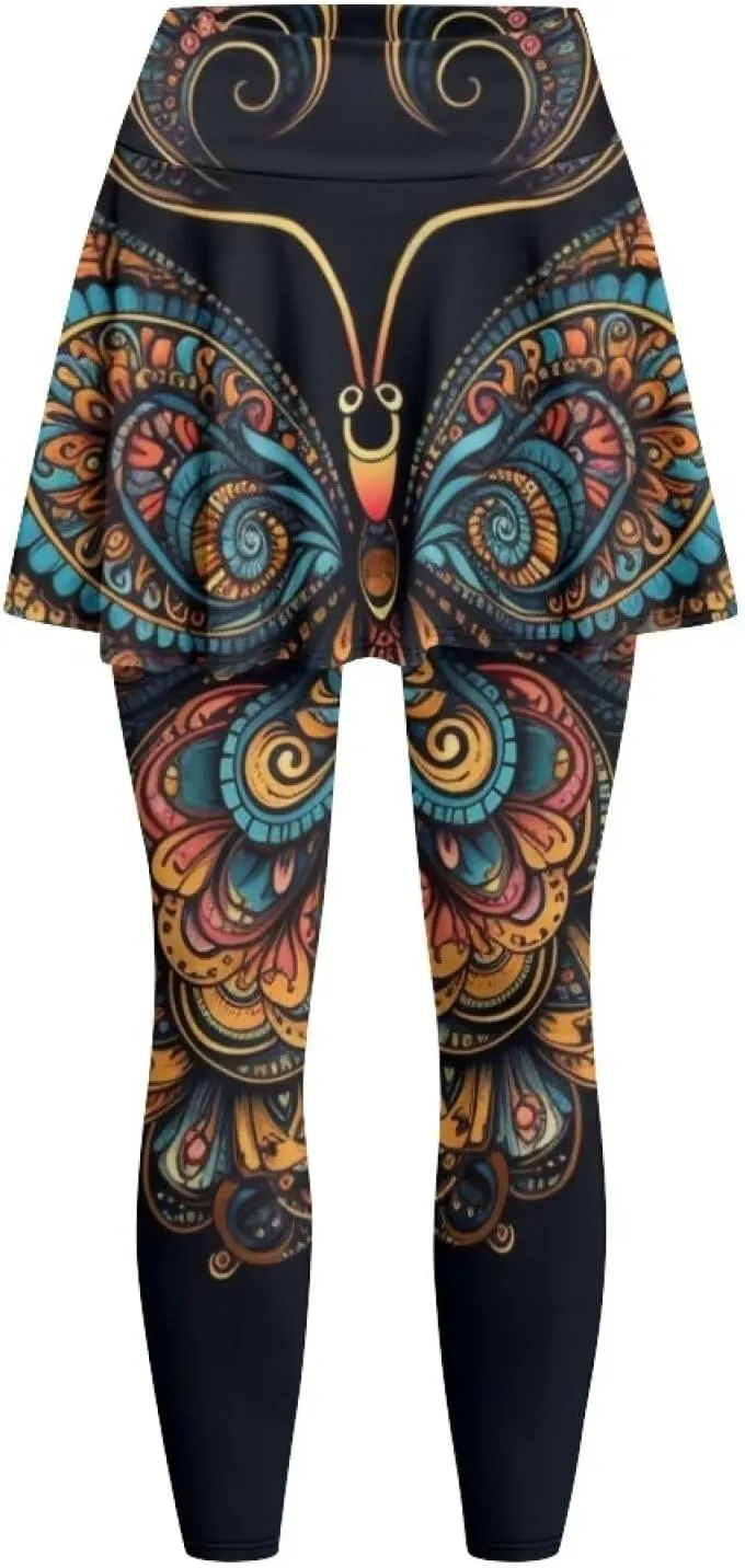 Hand Drawings Womens Skirt Leggings Lotus Flower Skirts Pants Running Tiger Painting Slim Trousers with Skirt