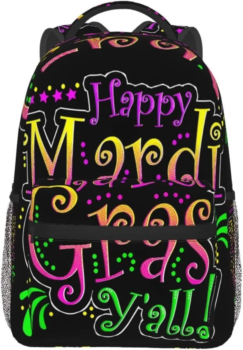 Happy Mardi Gras Y'All Party Parade New Orleans Backpack Casual Laptop Backpack Lightweight Double Shoulder Bag Travel Daypack For Women Men