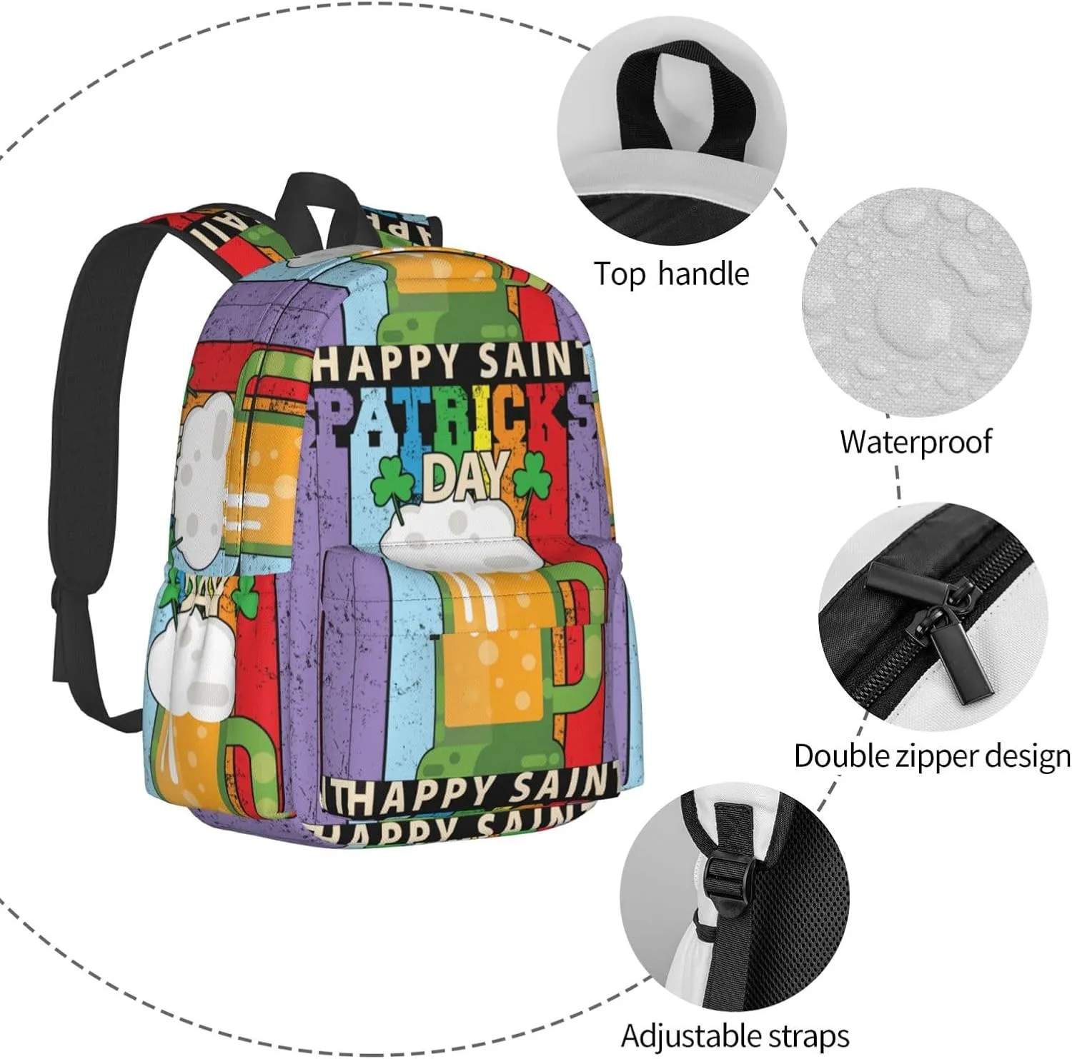 Happy Saint Patrick's Day Beer Lover Backpack Casual Laptop Backpack Large Capacity Double Shoulder Bag Travel Daypack For Women Men