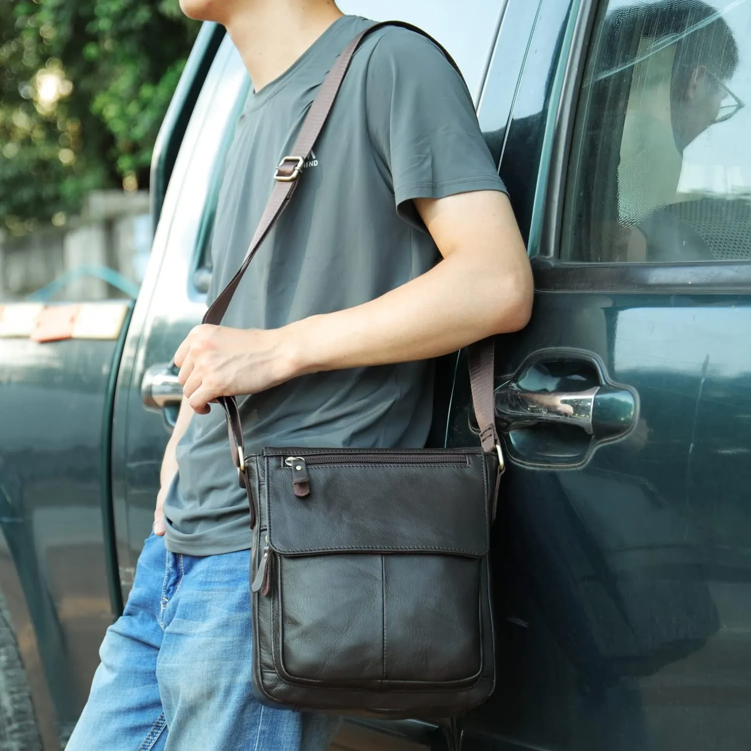 Hebetag Leather Shoulder Messenger Bag for Men Travel Business Crossbody Pack Wallet Phone Pouch Purse Pocket Daypack