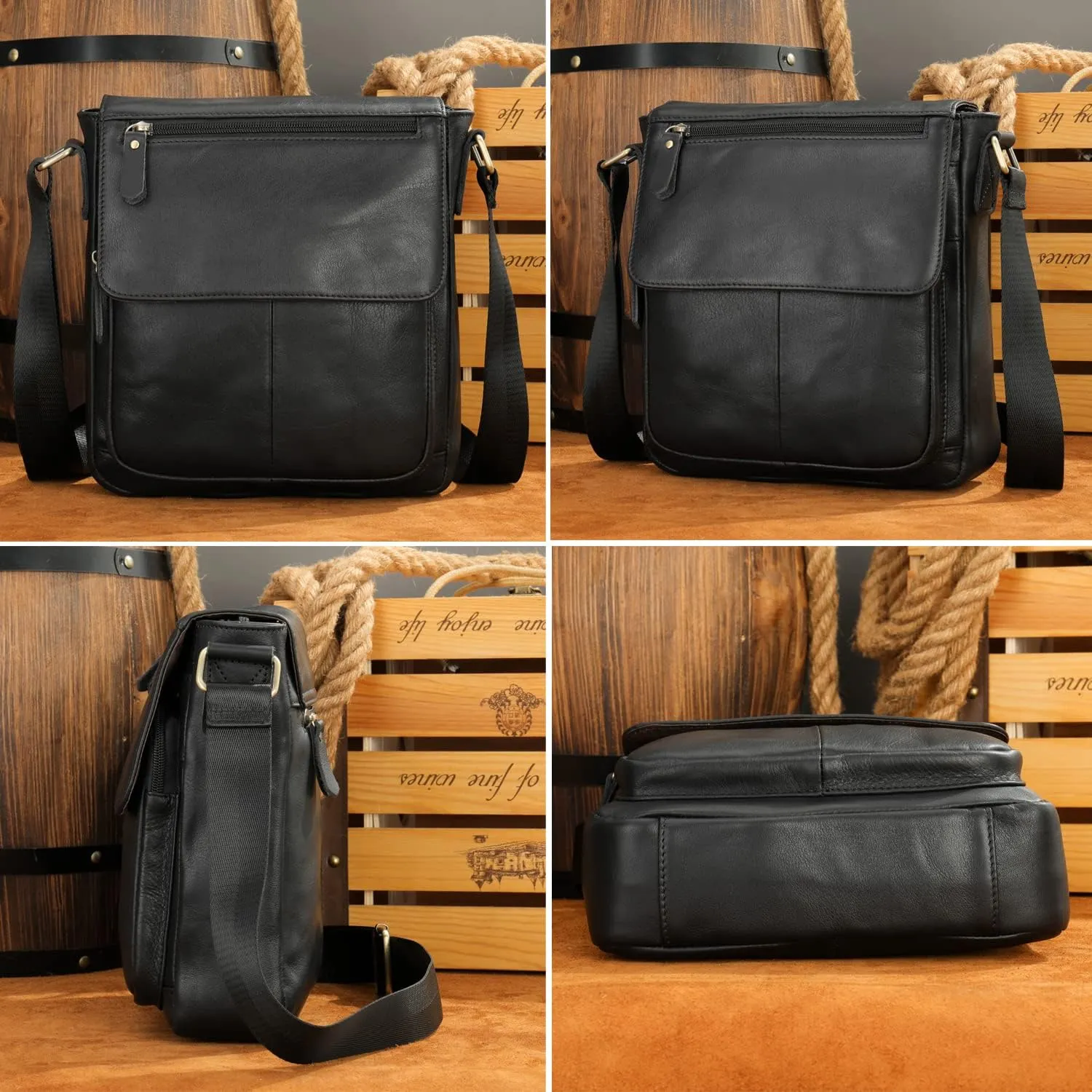 Hebetag Leather Shoulder Messenger Bag for Men Travel Business Crossbody Pack Wallet Phone Pouch Purse Pocket Daypack