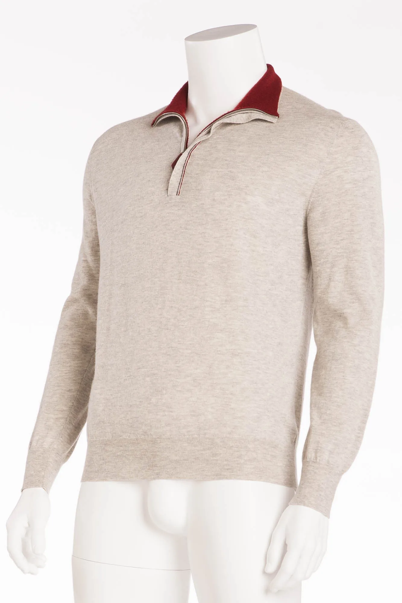 Hermes - Grey Zip Neck Cashmere Sweater with Red Collar - XL