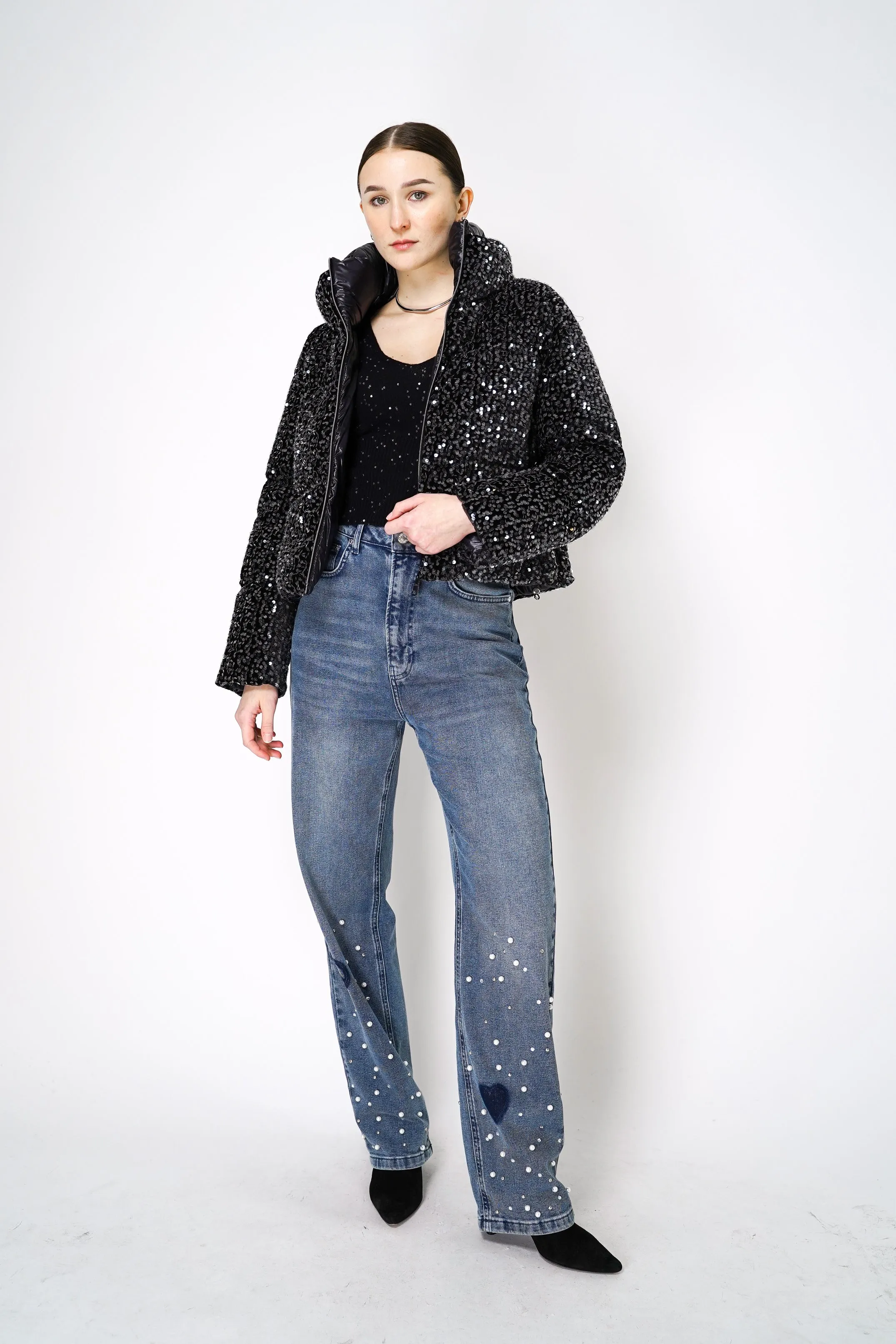 Herno High Neck Padded Sequined Jacket in Black