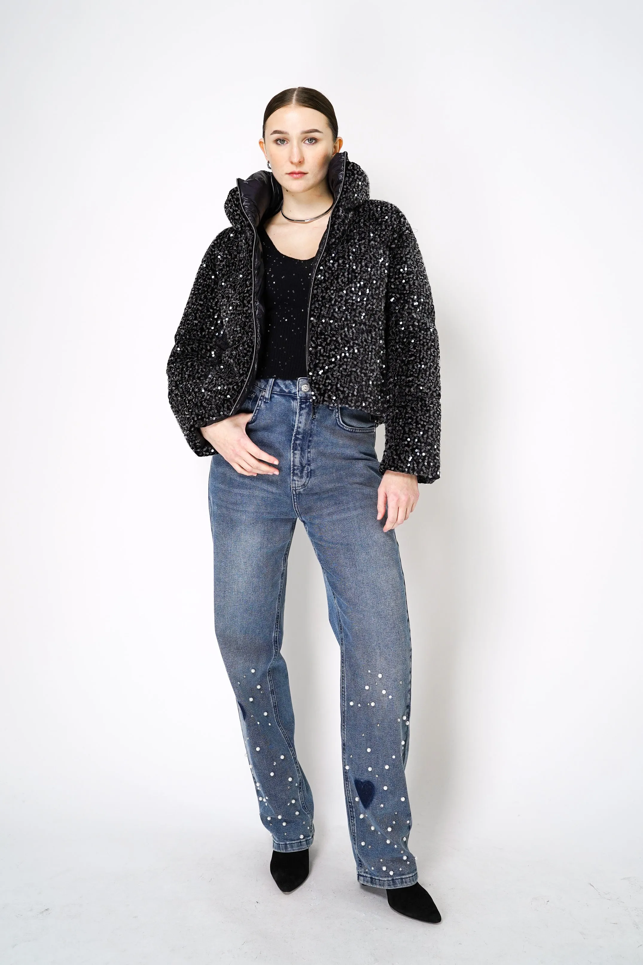 Herno High Neck Padded Sequined Jacket in Black
